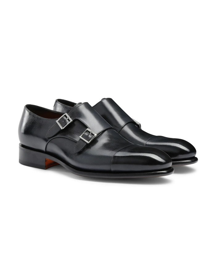 SANTONI Santoni - Polished leather double-buckle shoe - Navy