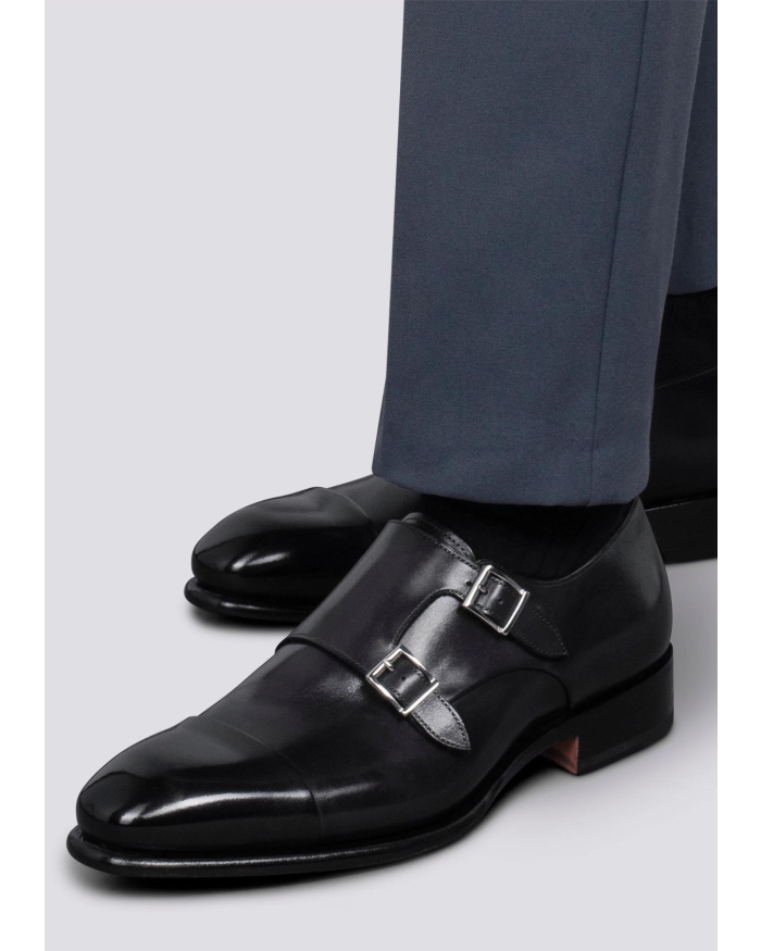 SANTONI Santoni - Polished leather double-buckle shoe - Navy