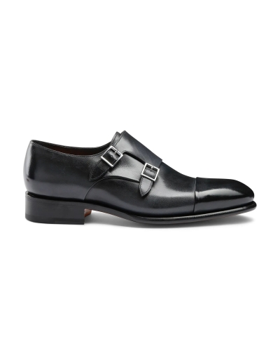Santoni - Polished leather double-buckle shoe - Navy