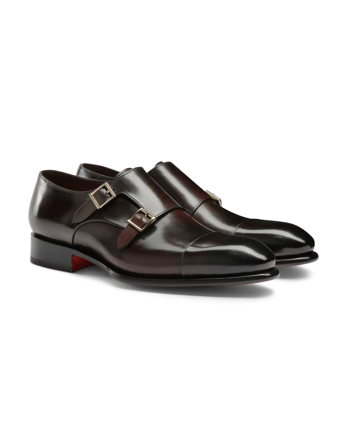 SANTONI Santoni - Polished leather double-buckle shoe - Brown