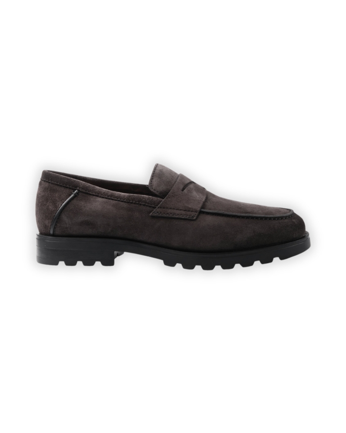 SANTONI Santoni - Calf suede penny loafer with fur - Grey