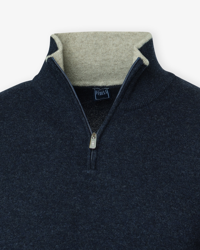 FEDELI Fedeli - Half zip wool cashmere - Navy