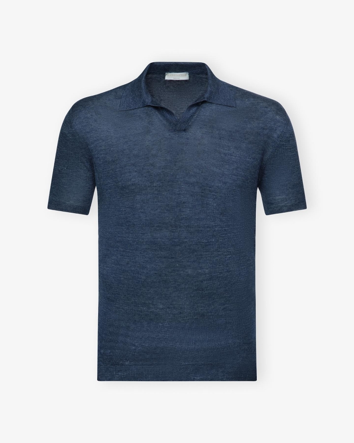 LES HOMMES D'AMSTERDAM LHDA - Buttonless polo short sleeve - Linen - Blue