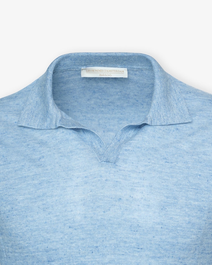 LES HOMMES D'AMSTERDAM LHDA - Buttonless polo short sleeve - Linen - Azzurro