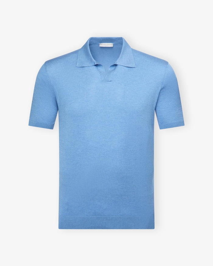 LES HOMMES D'AMSTERDAM LHDA - Buttonless polo short sleeve - Silk - Azzurro