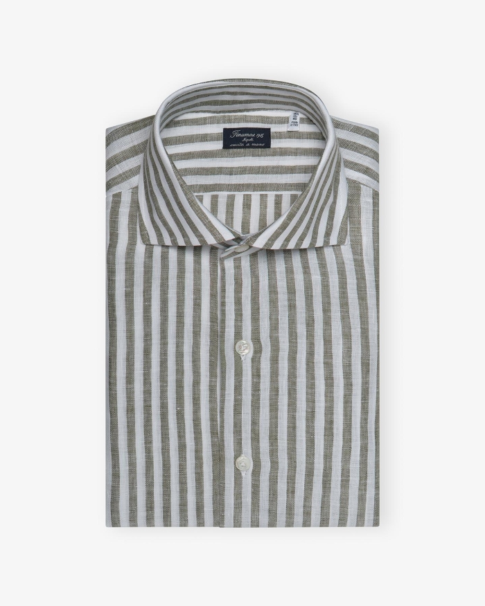 FINAMORE Finamore - Shirt Eduardo Napoli - Linen - Olive stripes