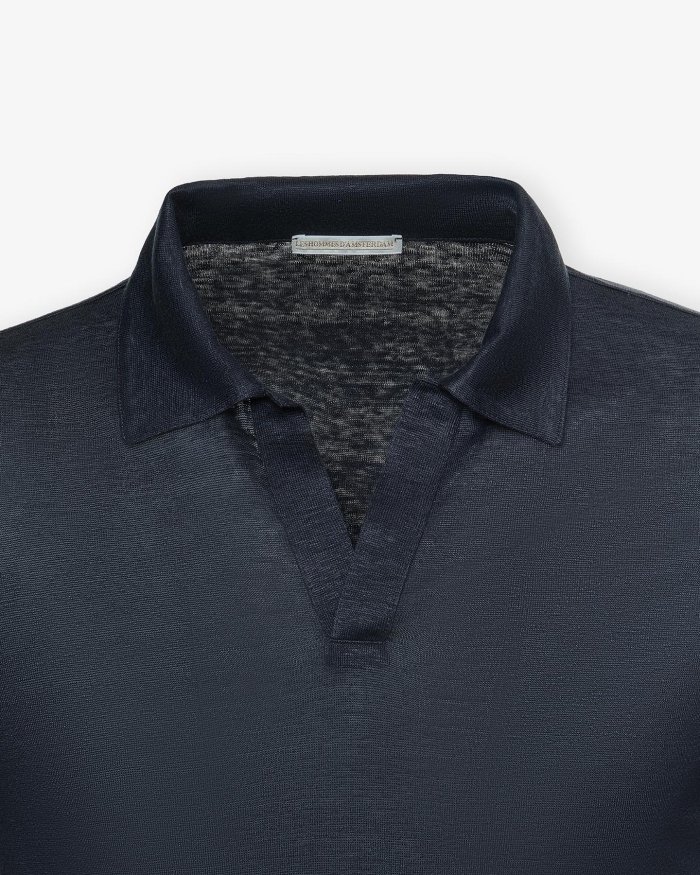 LES HOMMES D'AMSTERDAM LHDA - Buttonless polo short sleeve linen - Navy