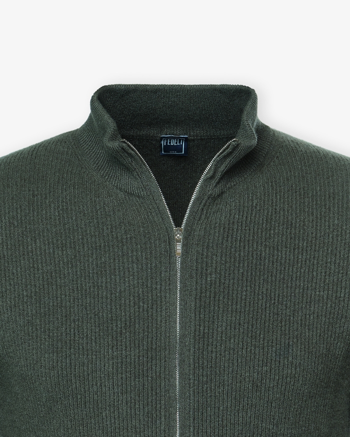 FEDELI Fedeli - Full zip cashmere - Dark olive