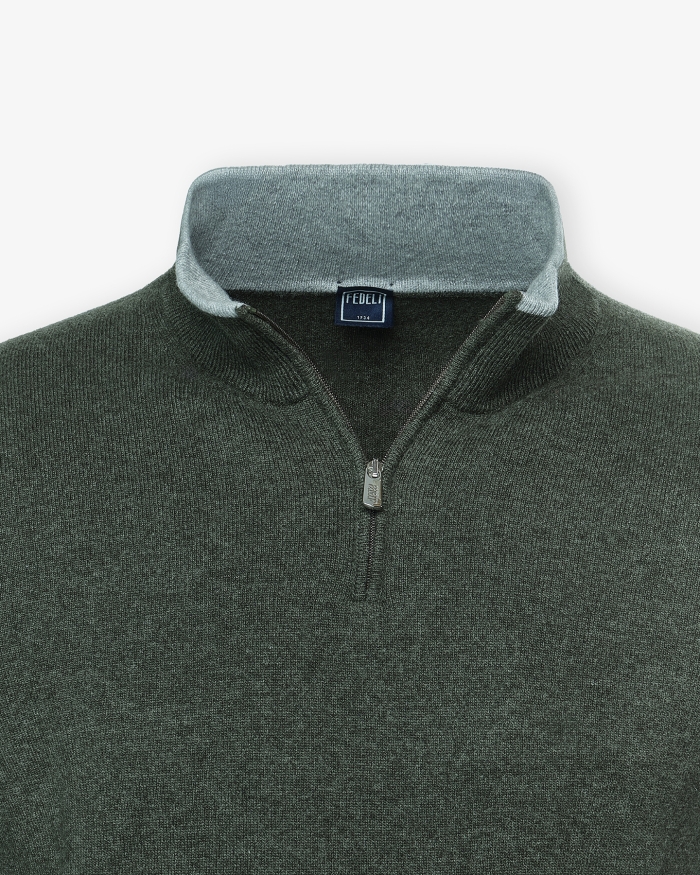 FEDELI Fedeli - Half zip virgin wool - Dark olive