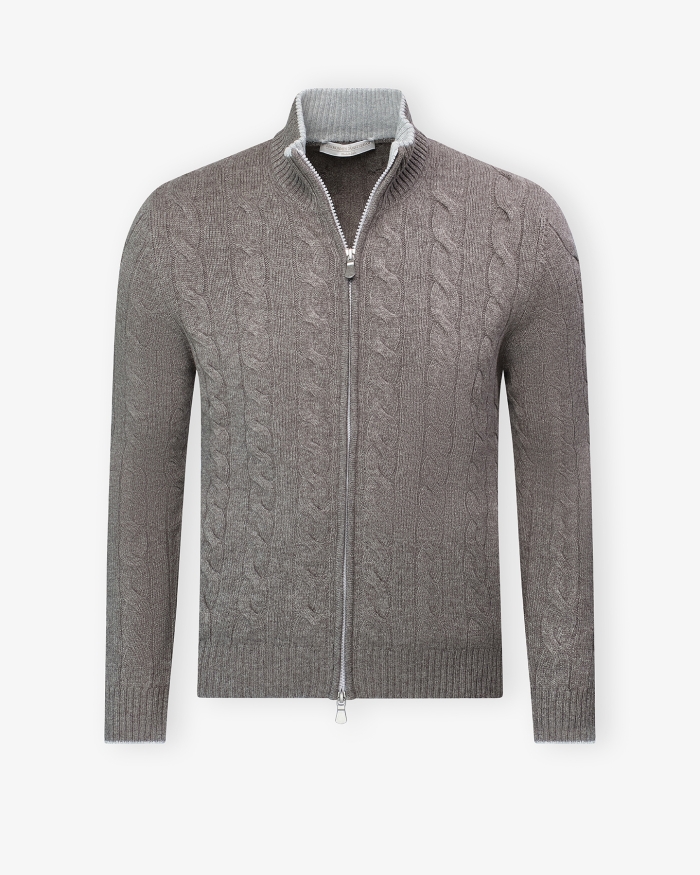 LES HOMMES D'AMSTERDAM LHDA - Full zip cable wool cashmere - Greige